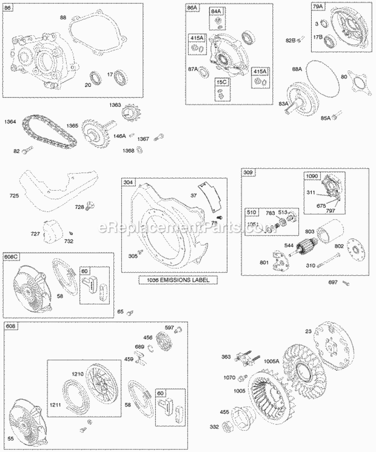 Blower Housing Electric Starter Flywheel Gear Reduction Rewind Starter Diagram and Parts List for 122432-0120-E1  Briggs and Stratton Engine